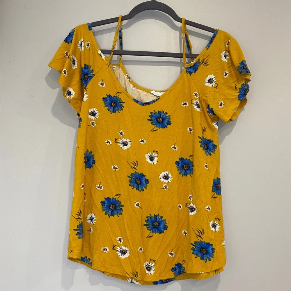 •2/$25• Mustard Yellow & Blue Floral Cold Shoulder Top by Mine - Picture 1 of 3